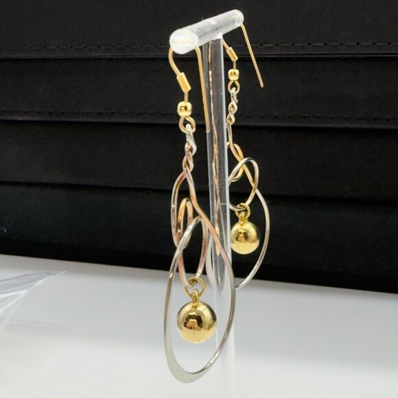 Gold Silver Tricolor Dangle Drop Statement Earrings Abstract Twisted Wire Hoop - Picture 11 of 13